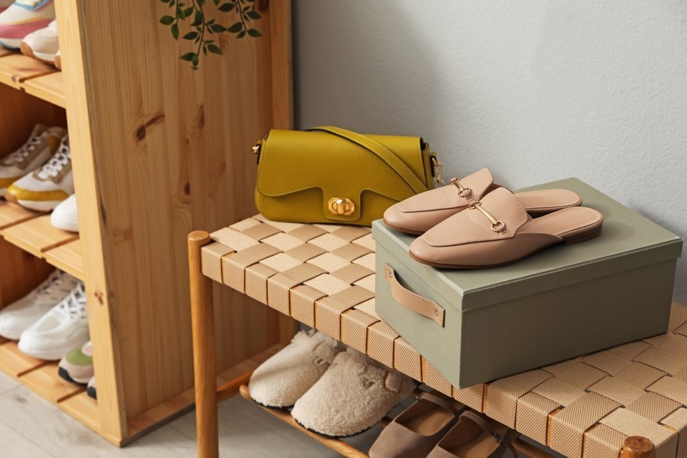 Different,Footwear,On,Bench,Indoors.,Shoe,Storage